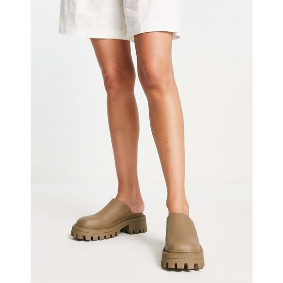 ASOS Design Women’s Marvin Chunky Flat Mules in Khaki Tan - Picture 9 of 10
